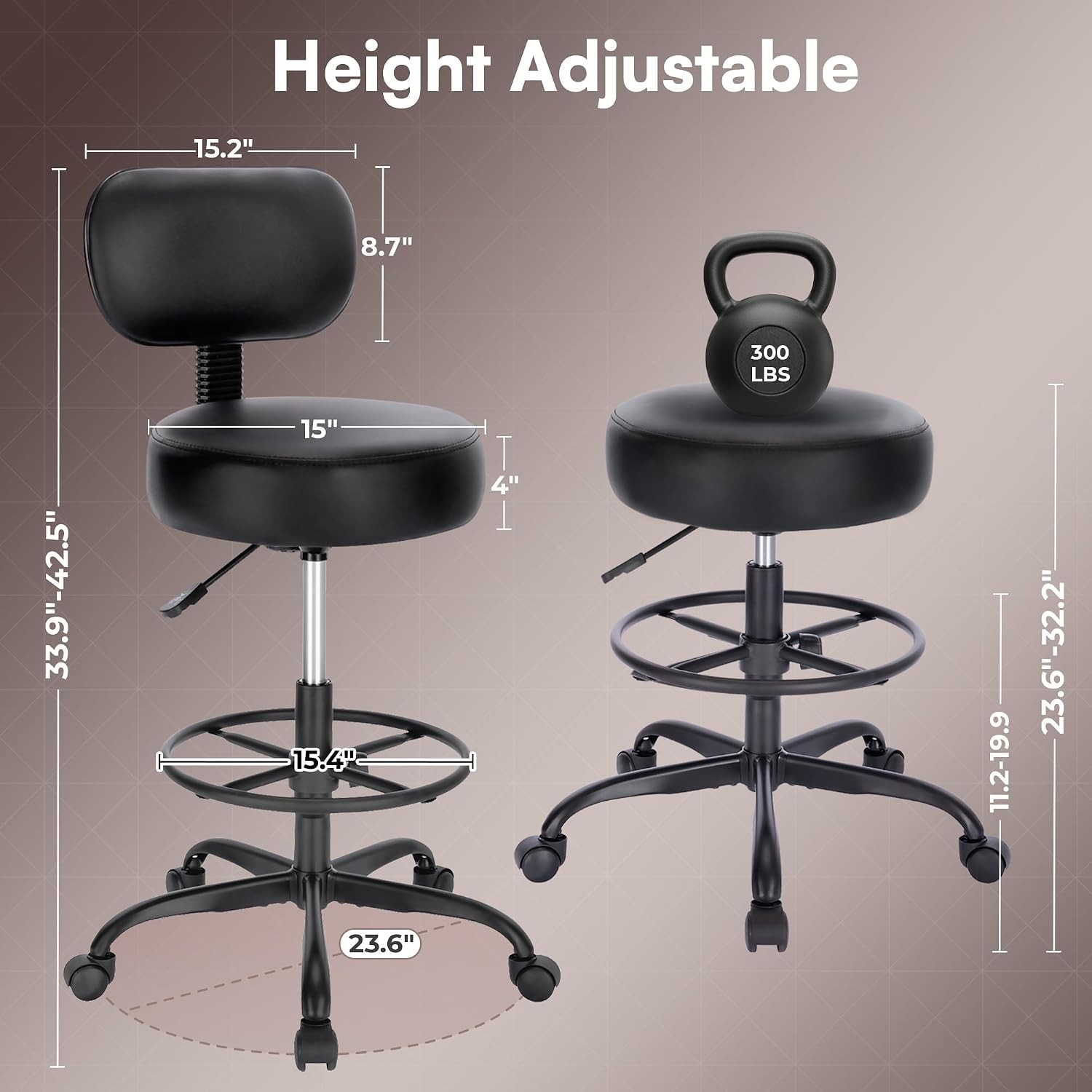 Adjustable Drafting Chair with Back & Foot Rest – All Black
