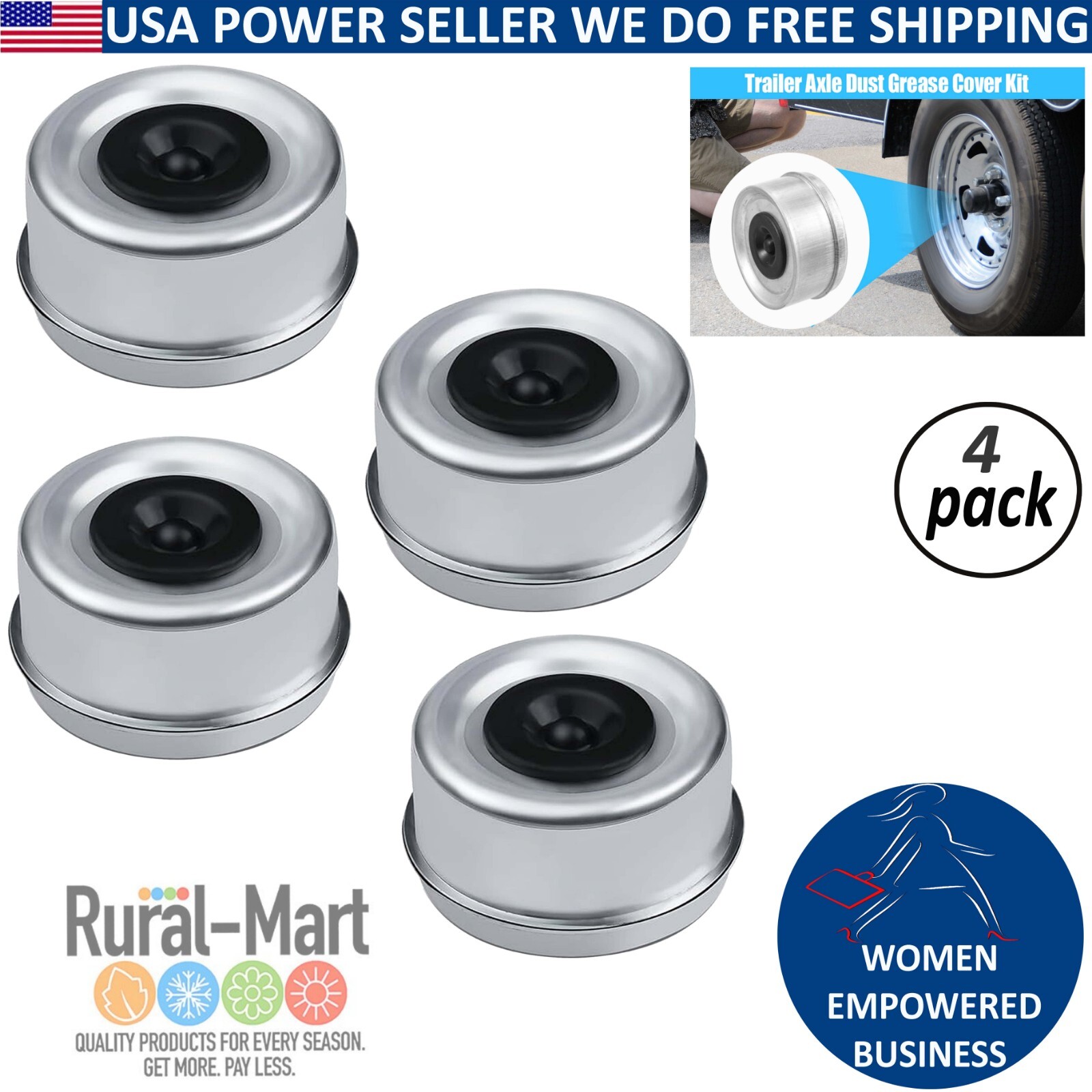 4PK Grease Caps 2.72″ with Rubber Plugs for 7000-8000 lbs Hub Trailer Axles CA D