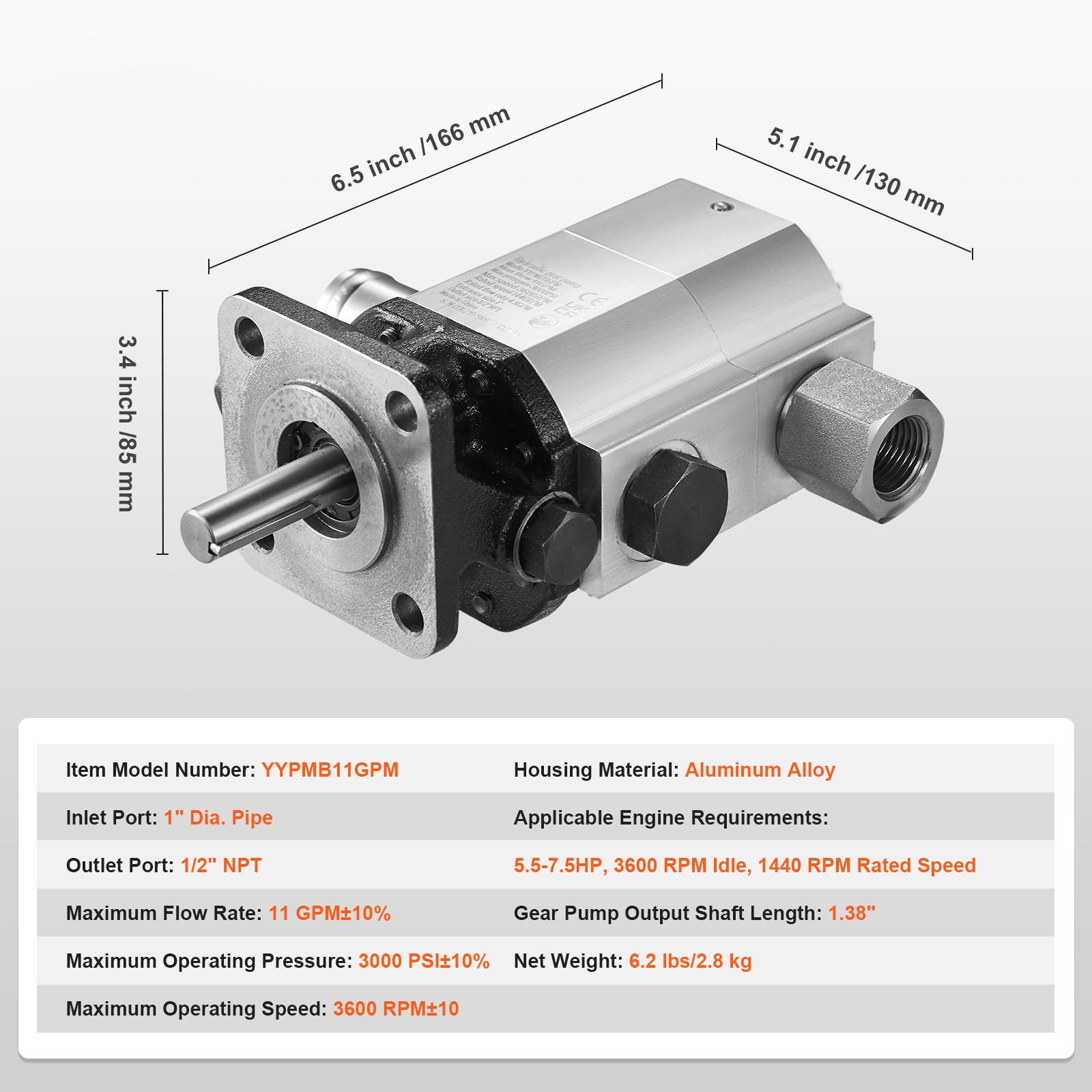 VEVOR Hydraulic Wood Log Splitter Pump 11GPM 2 Stage 3000PSI Hydraulic Gear Pump