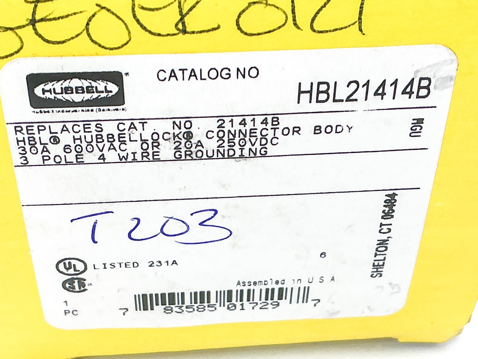 New Hubbell HBL21414B Connector Body 600VAC 30A 3P 4 Wire Grounded 21414B