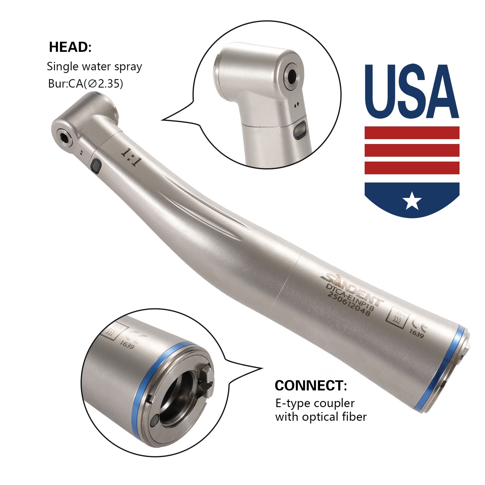 1-5 SANDENT LED Dental 1:1 Fiber Optic Contra Angle Low Speed Handpiece NEW