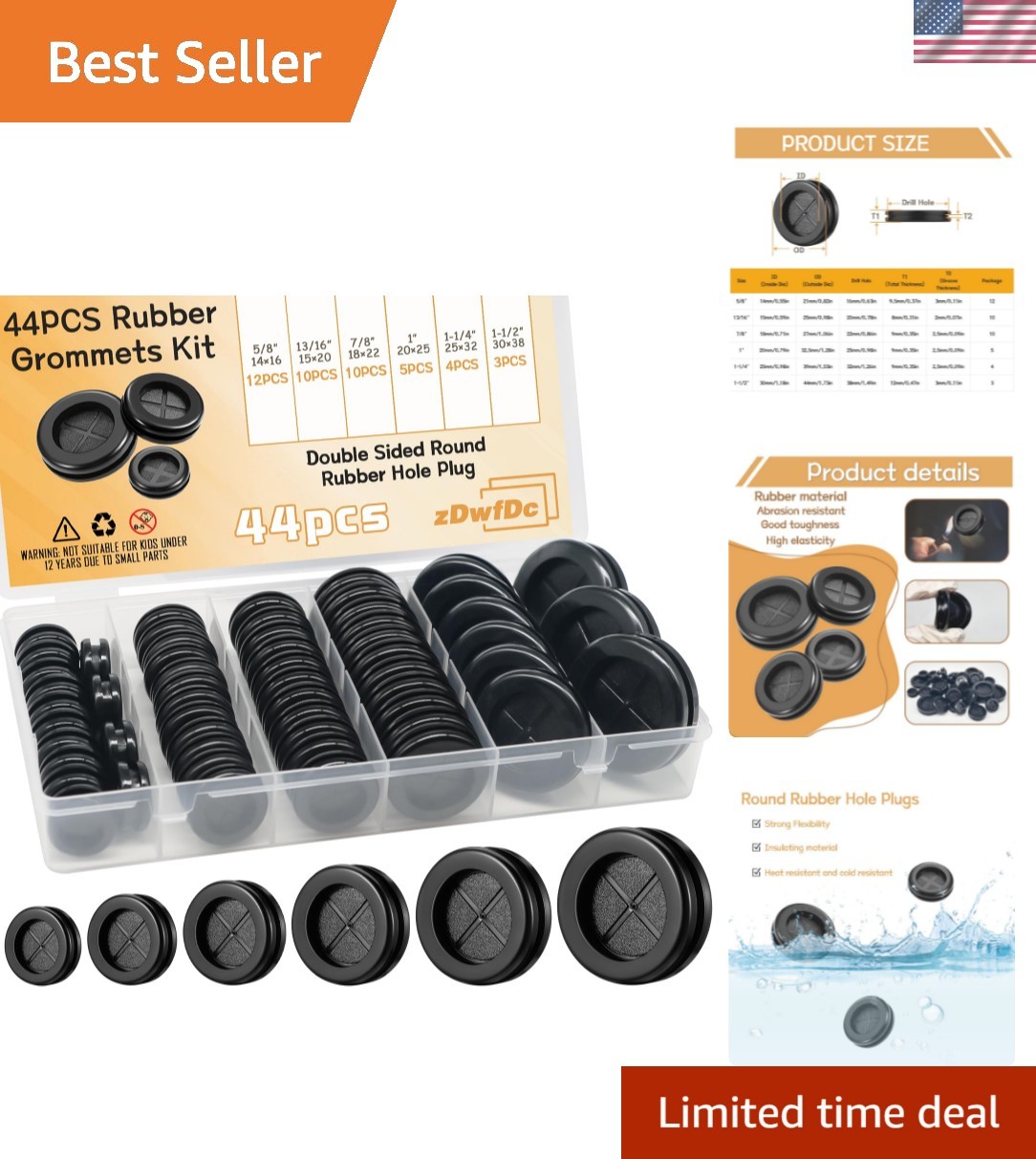 44PCS Rubber Grommet Kit 6 Sizes 5/8″,13/16″,7/8″,1″,1-1/4″,1-1/2″ Rubber Gro…