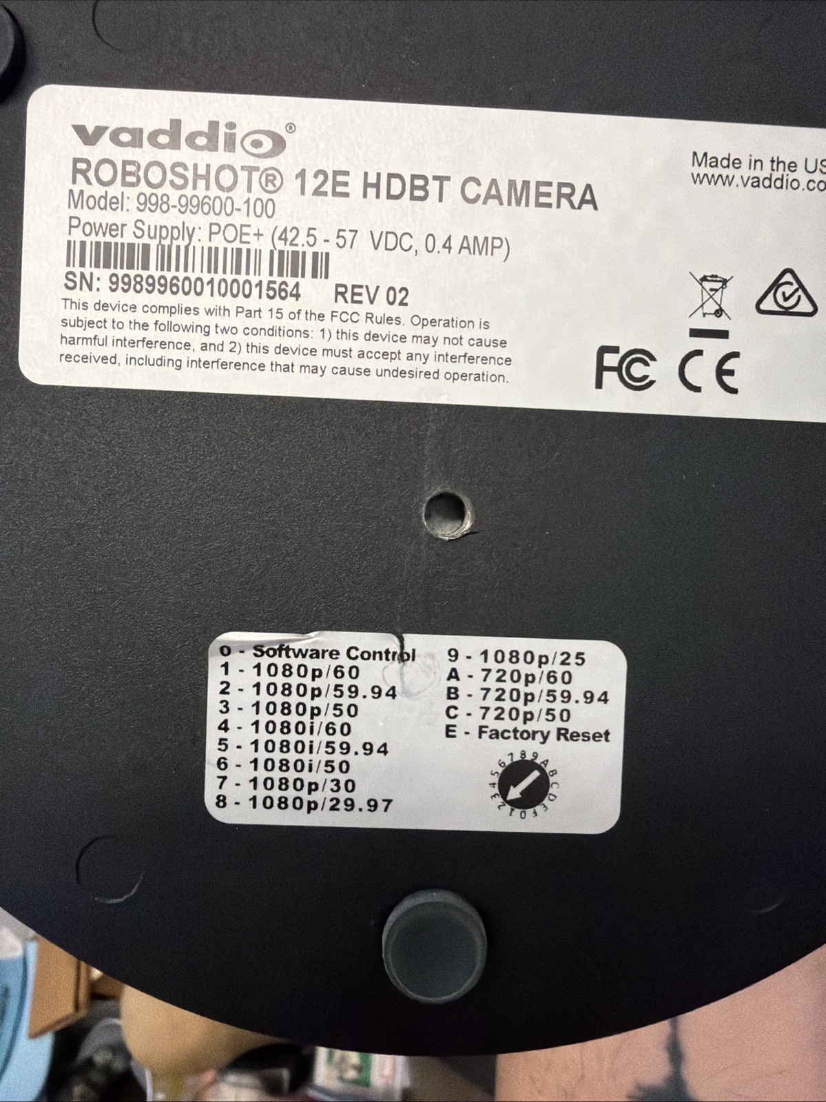 Vaddio RoboSHOT 12E HDBT PTZ Conference Camera PoE 998-99600-100 w/Mount