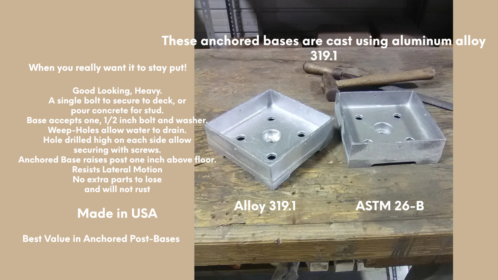 Post Base, Anchored, 6×6,Heavy Cast Aluminum, Mill, MADE IN USA