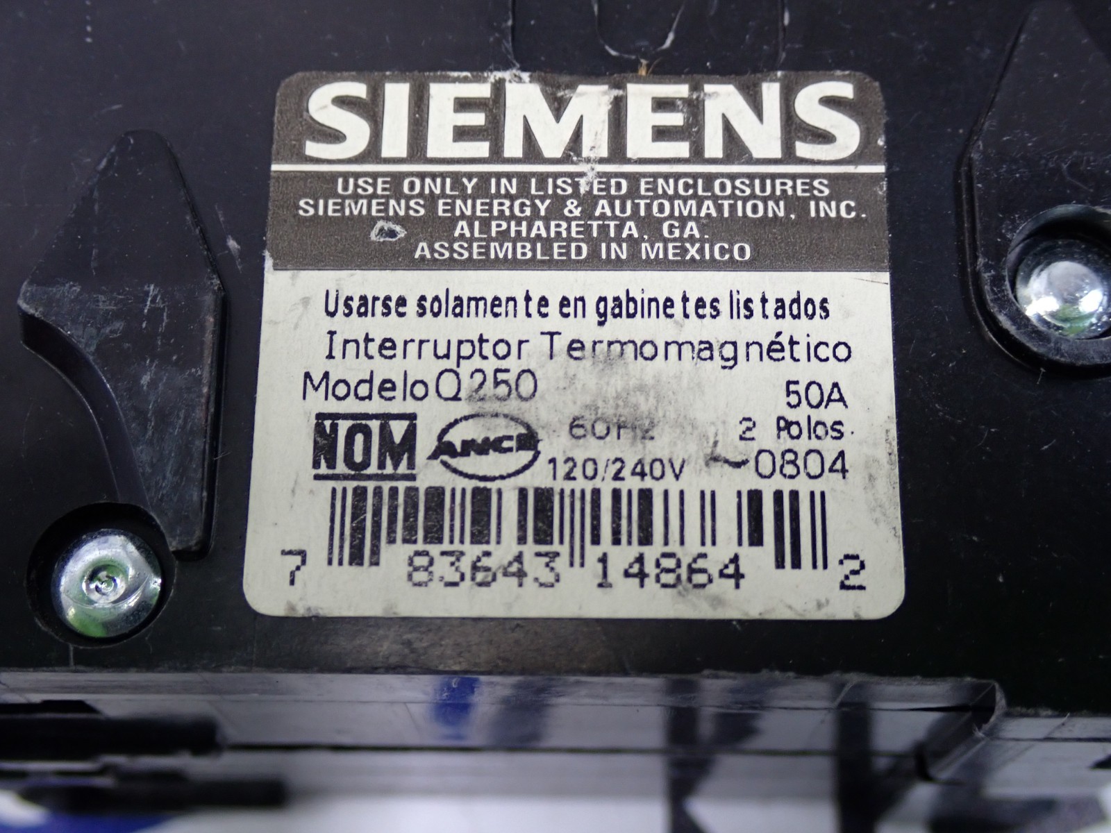 Siemens Q250 2 Pole 50 Amp 120/240 Volt Plug On Circuit Breaker Tested