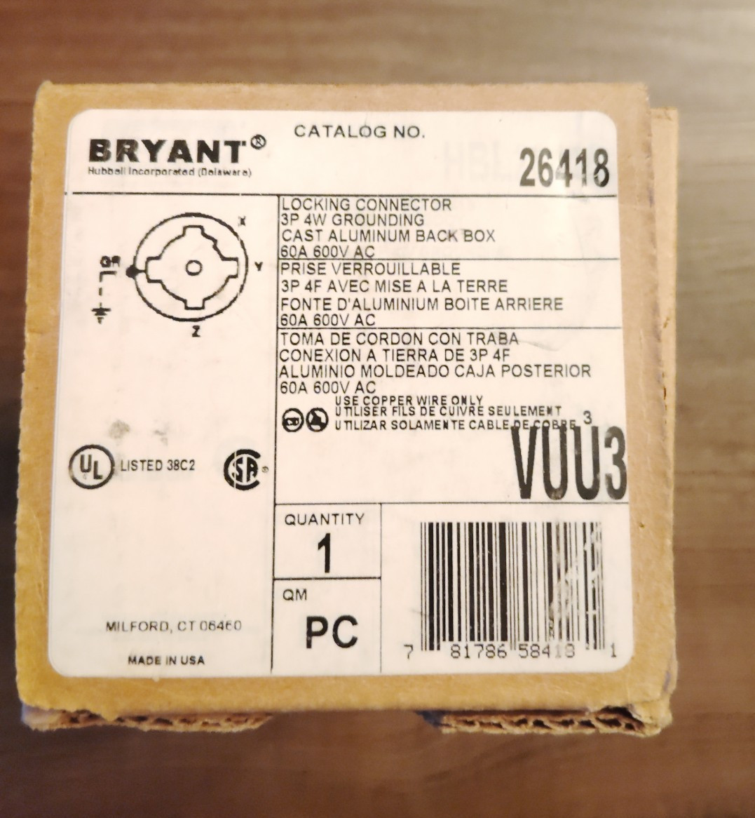 Bryant Hubbellock 26418 Locking Connector Plug 60A 600VAC 3P 4W Ground Yellow