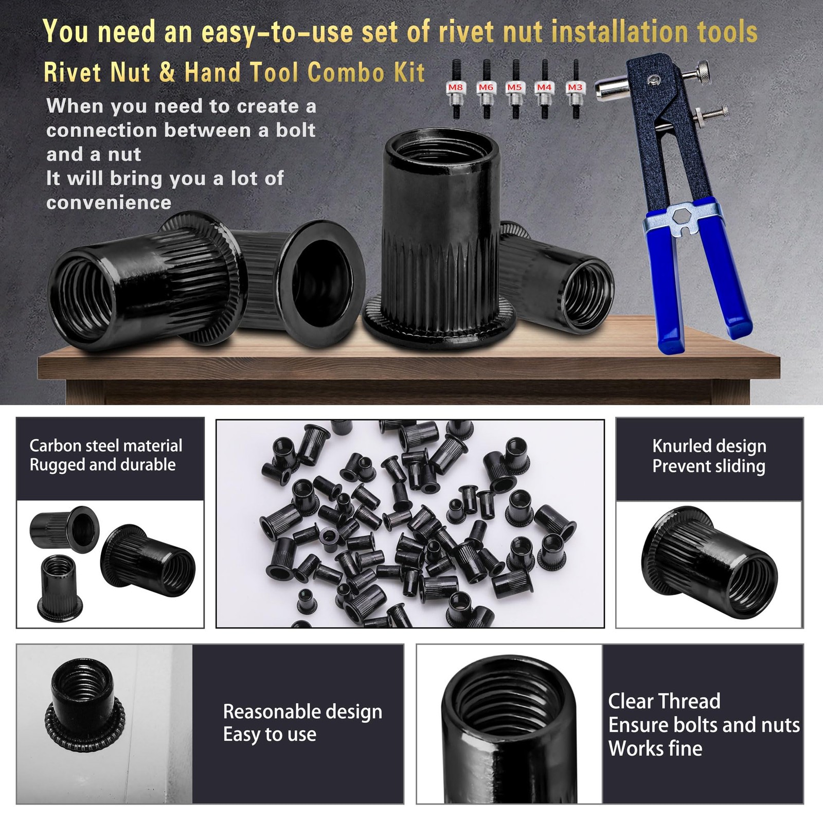 Rivet Nut Tool Kit 490Pcs Black Metric M8 M6 M5 M4 M3 For Automotive Marine Indu