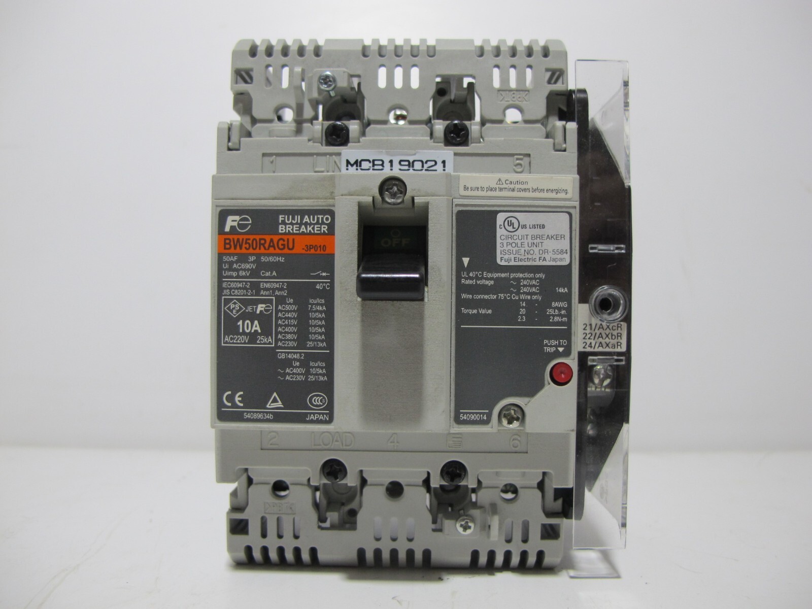 Fuji Electric BW50RAGU-3P010 10 Amp Auto Breaker 3-Pole 10A 690VAC 250VDC 14 kA