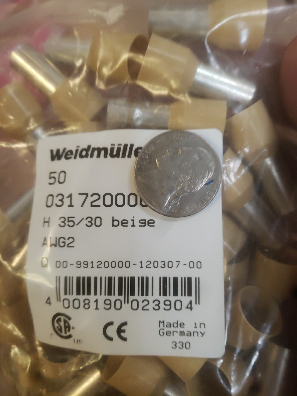Lot of 50 WEIDMULLER 2AWG INSULATED FERRULE H 35.0/30 INS BEIGE 0317200000