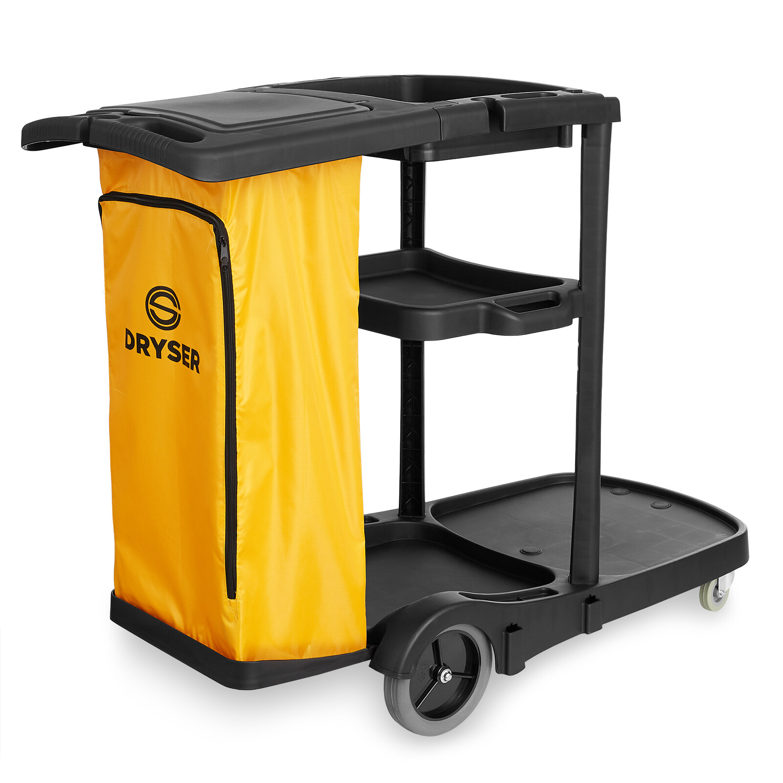 Commercial Janitorial Cleaning Cart Caddy with Cover – Shelves, Vinyl Bag, Black