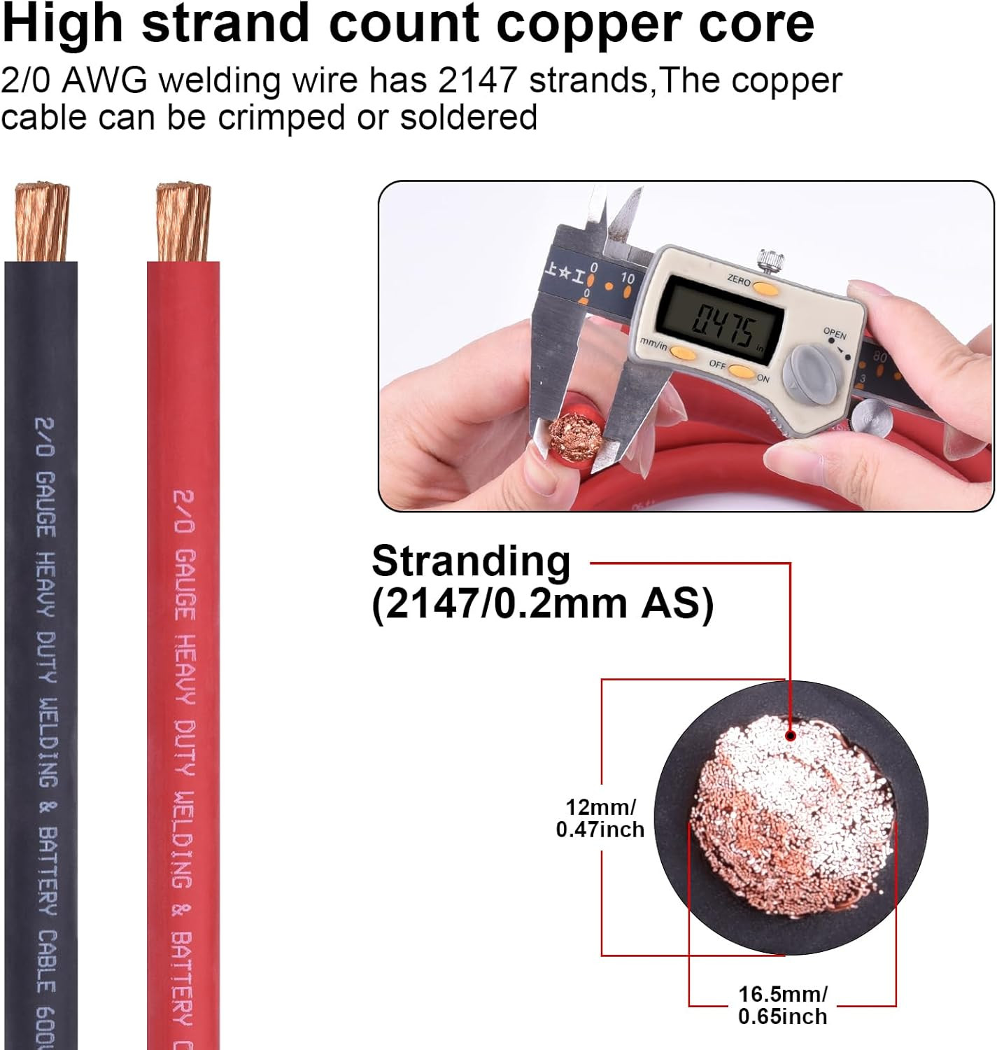 2/0 Gauge 2/0 AWG Wire 10 Feet Black + 10 Feet Red Welding Battery Pure Copper F