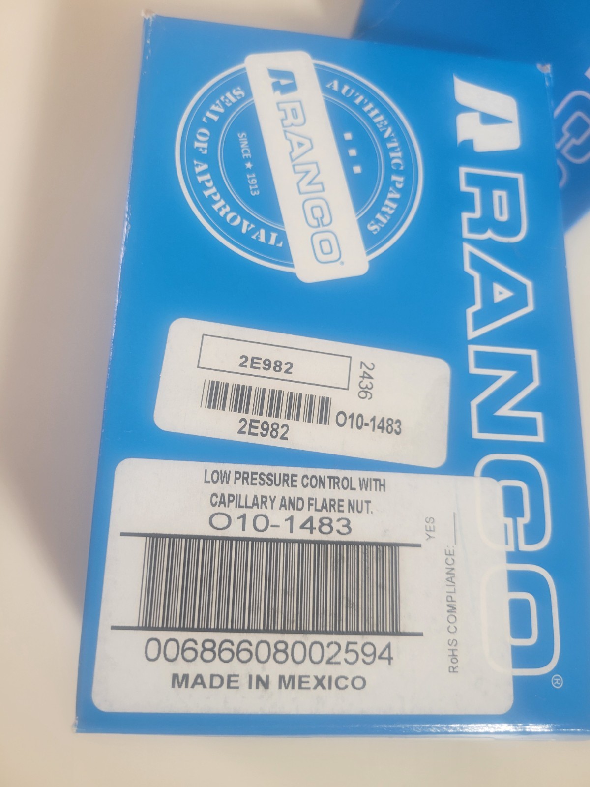 Ranco Low Pressure Refrigeration Control for 010-1483 PSI(10in-100) Dif-10in-40