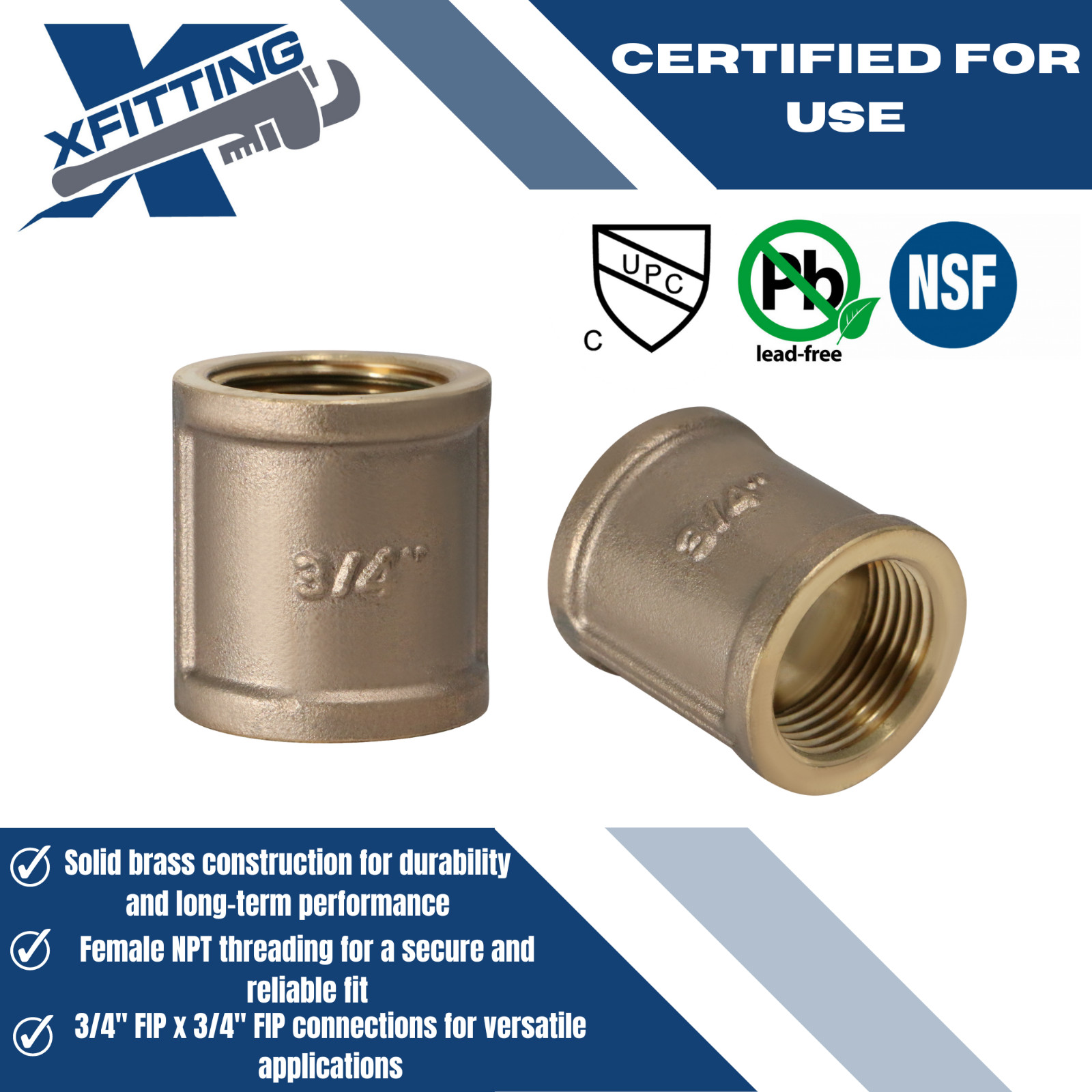 10 Pcs XFITTING 3/4″ FIP x 3/4″ FIP Coupling, Female NPT Brass Coupling