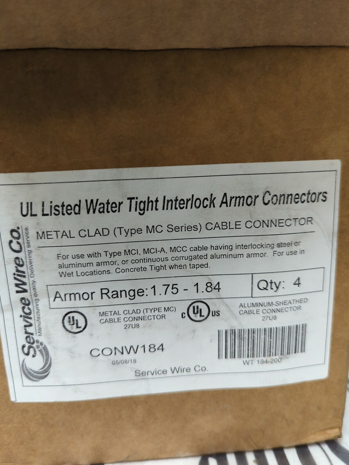 SERVICE WIRE CO.,CONW184,METAL CLAD TYPE MC SERIES CABLE CONNECTOR BOX OF 4