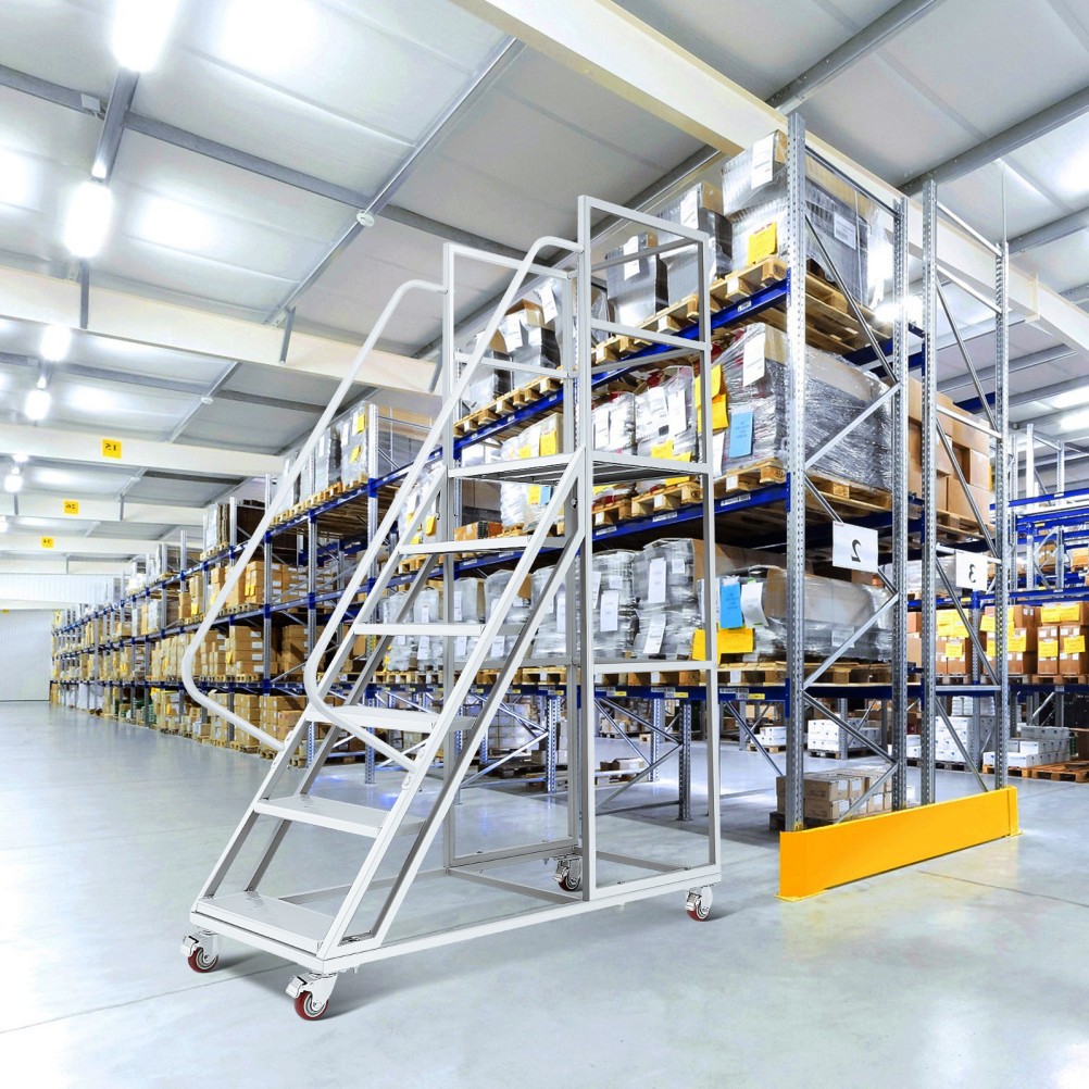 6 Step Rolling Warehouse Step Ladder, Movable Platform Ladder with Locking Wheel