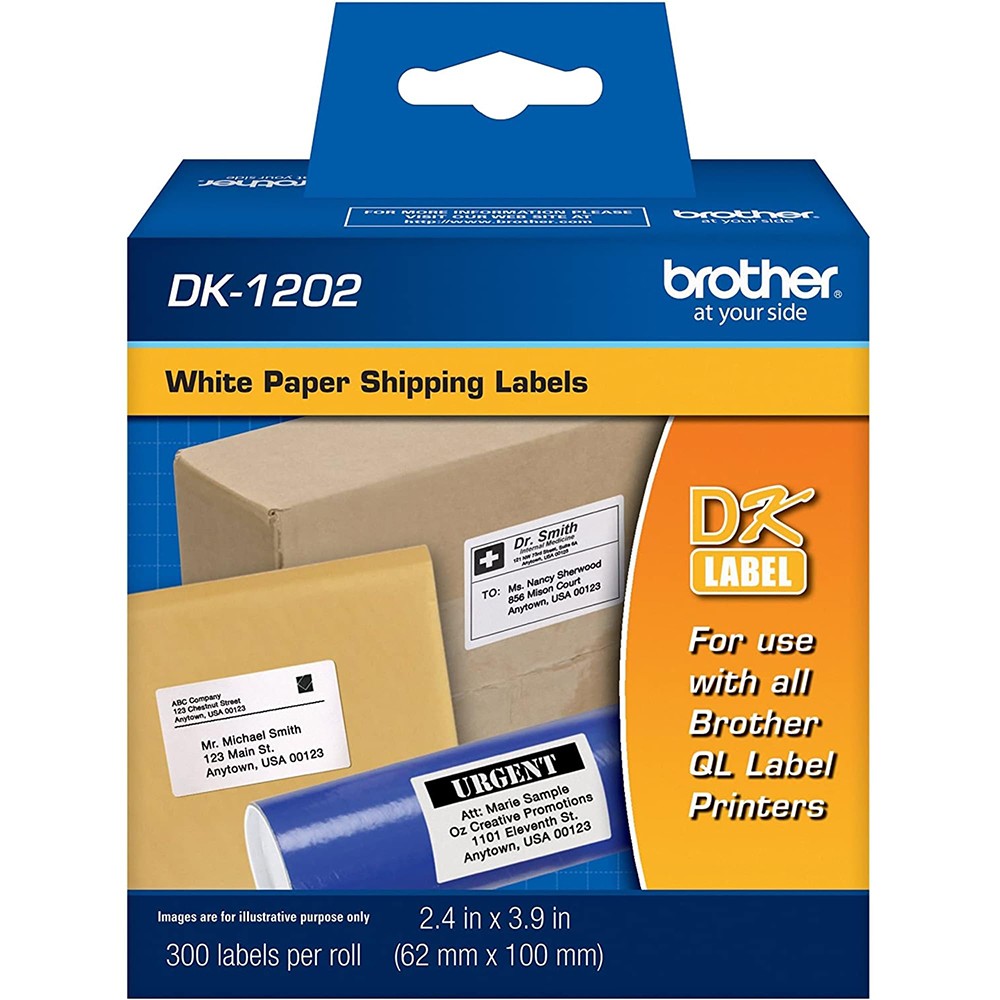 Brother DK1202 2.4 in x 3.9 in (62 mm x 100 mm) Shipping White Paper Labels (300