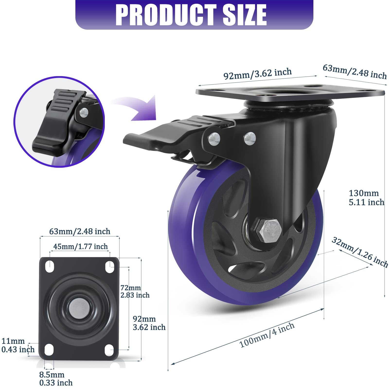 4-Pack 4-Inch Heavy Duty Casters with Brake 2000lbs Swivel Plate Wheels