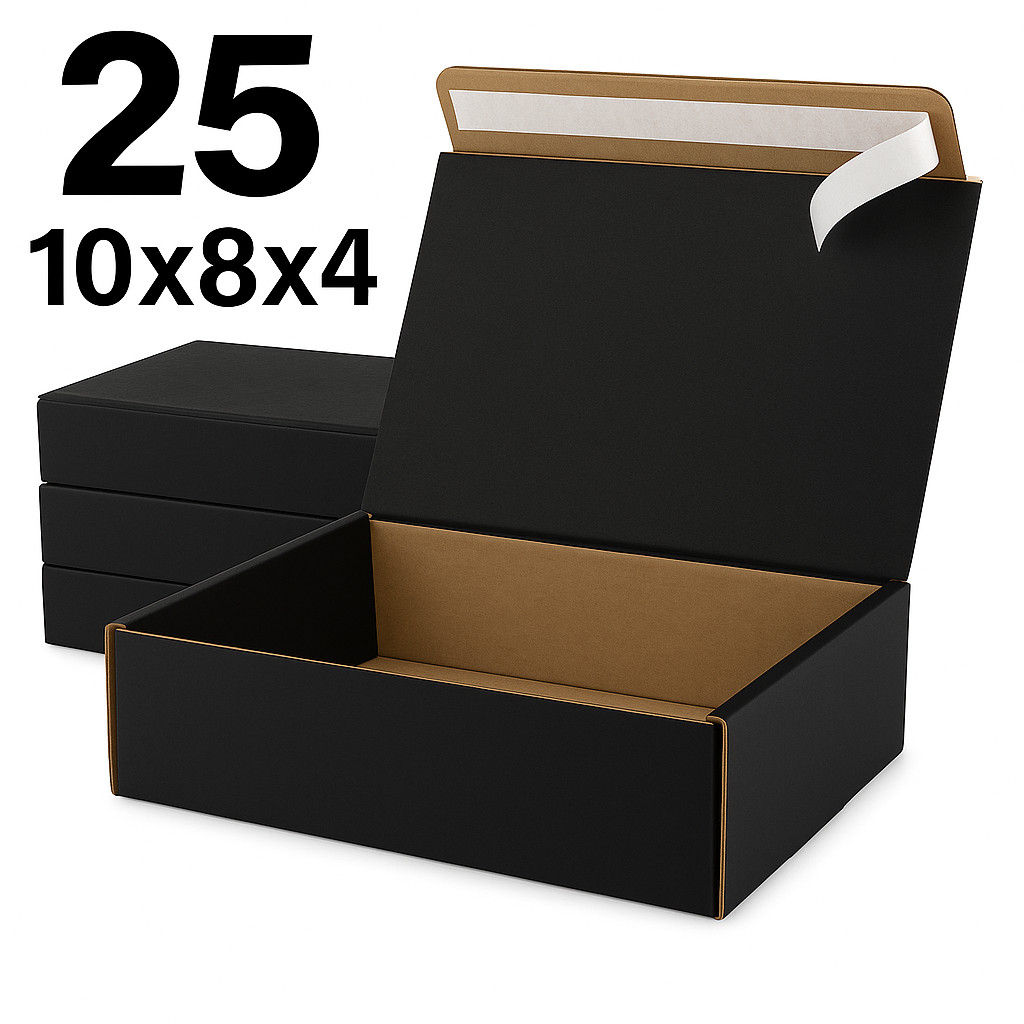 25 Black Shipping Boxes 10x8x4 | Matte Self-Seal Mailers – No Tape Needed