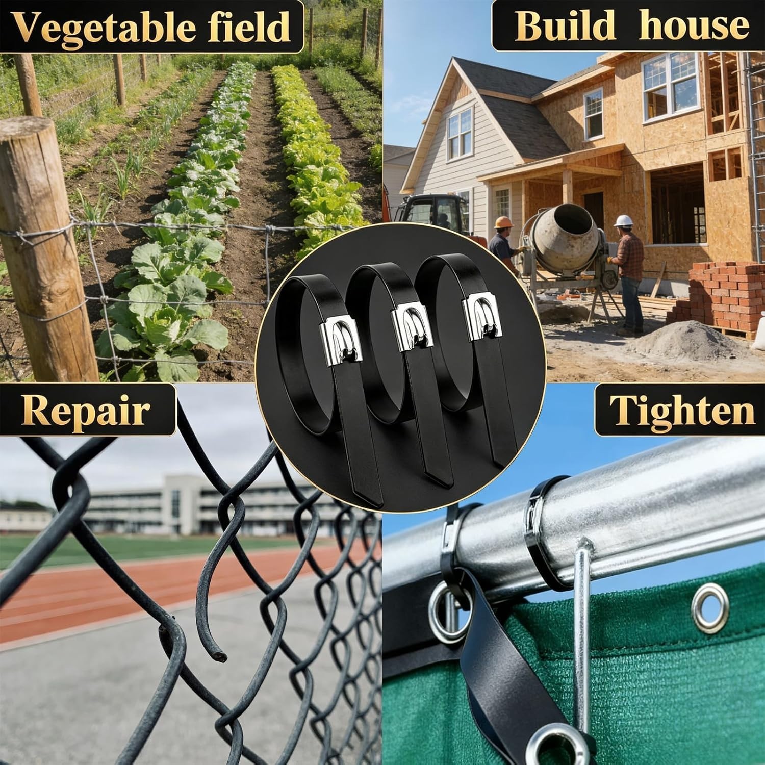 300 PCS 11.8 Inch Black Galvanized Steel Cable Ties Kit with Cable Tie Gun, Scre