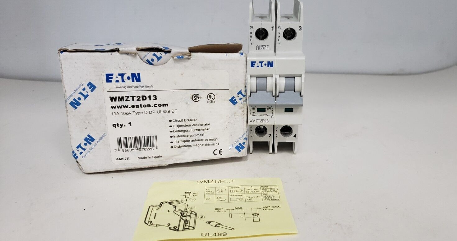 EATON WMZT2D13 (FAZ-D13-2-NA) CIRCUIT BREAKER, 2P 13A 480Y/277V 10kA TYPE D NIB