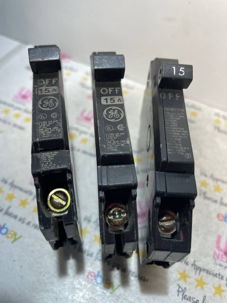 3 GE THQP115 15A 120V 1 POLE TYPE TQP CIRCUIT BREAKER LOT OF 3