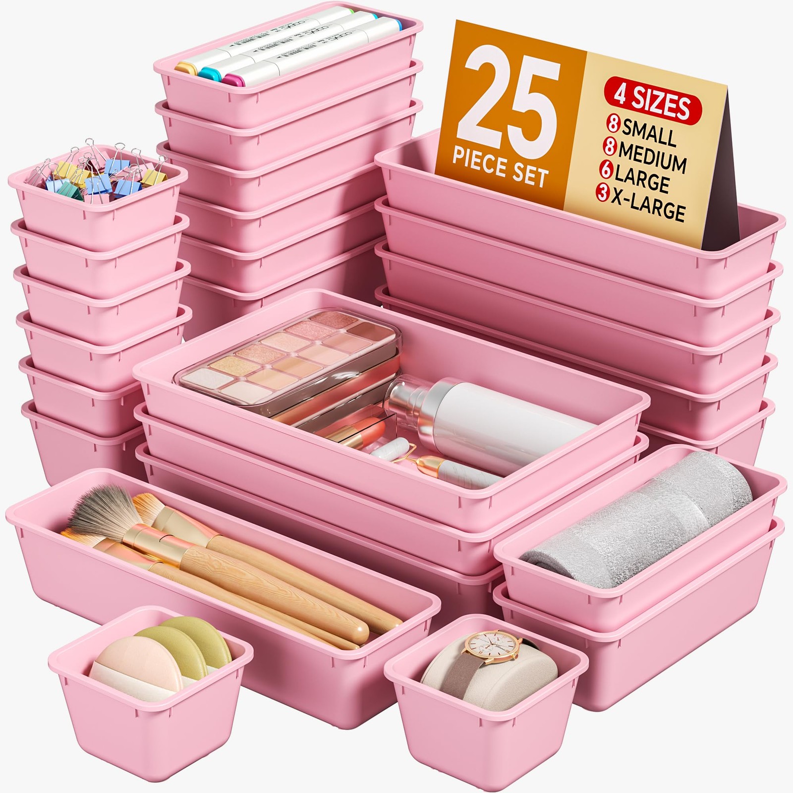 KEMETHY 25 PCS Plastic Drawer Organizers Set, 4 Sizes Vanity Organizer, Makeu…