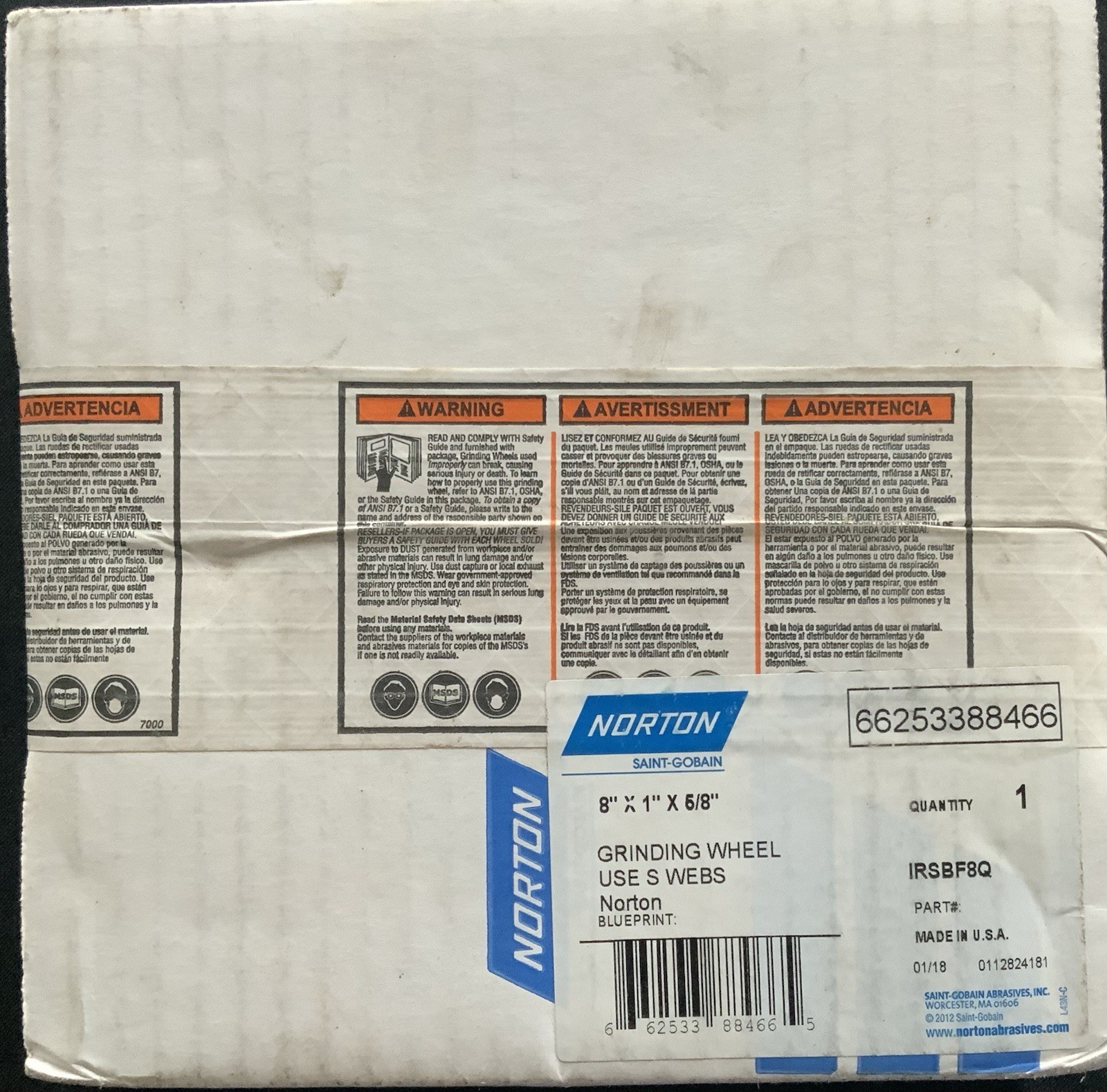 New In Box Norton Abrasives 8″ x 1″ x 5/8″ Grinding Wheel IRSBF8Q; Free Shipping
