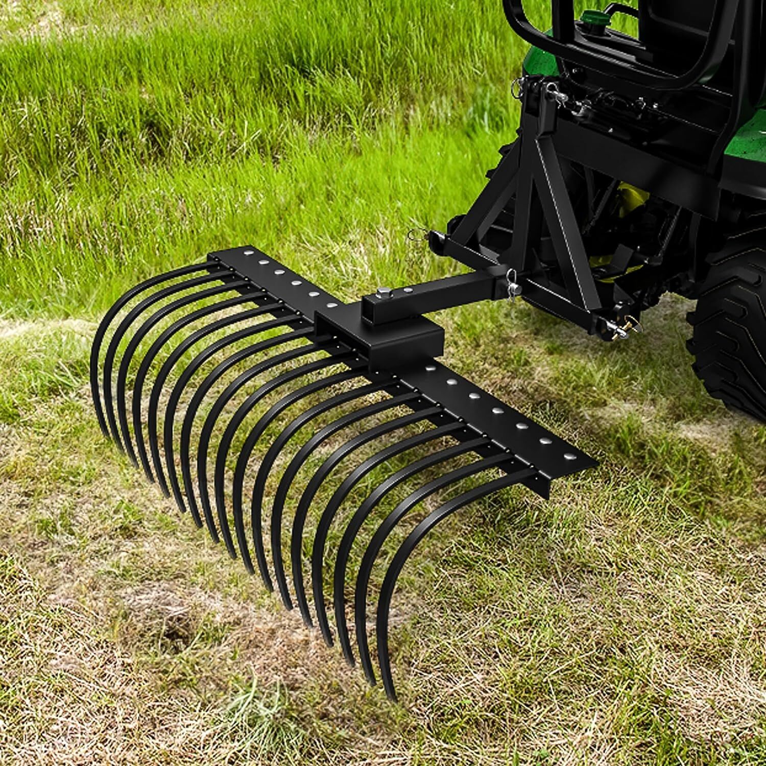 48″ Tractor Rake with 2″ Receiver 17 Steel Tines for Lawn Tractors ATVs / UTVs