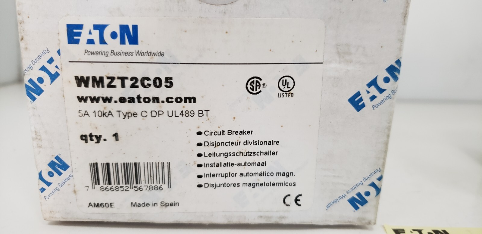 EATON WMZT2C05 (FAZ-C5-2-NA) CIRCUIT BREAKER, 2P, 5A, 480/277V, 10kA, TYPE C NIB