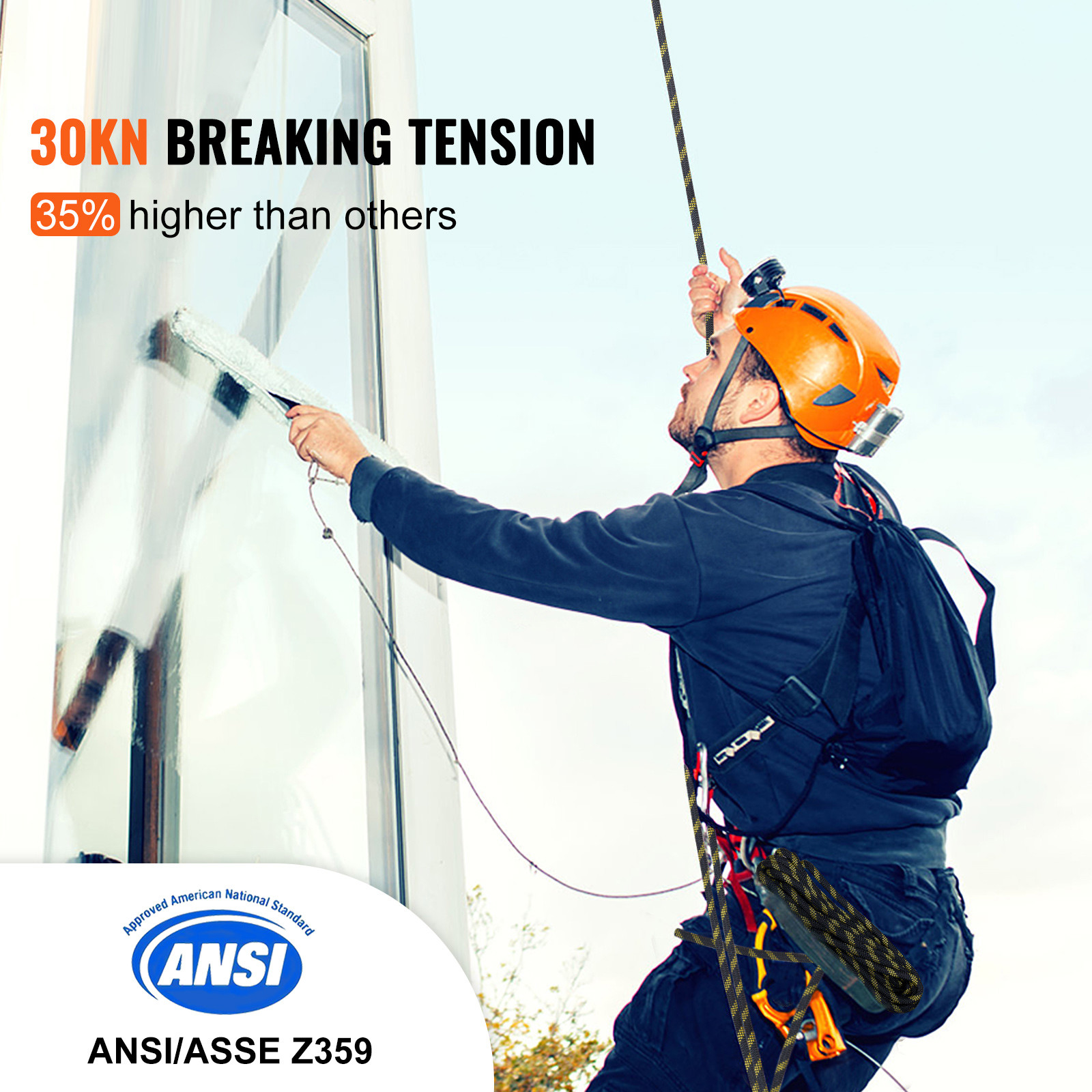 Vertical Lifeline Assembly 50ft Fall Protection Polyester Rope 30 KN ANSI