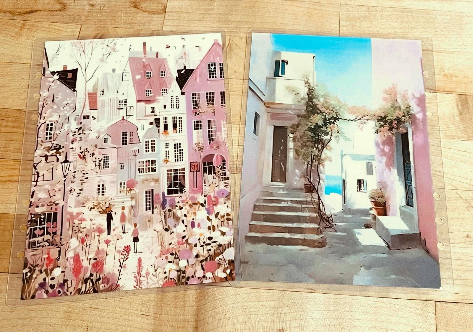 Pink Village House Scene Cover Set for use w Erin Condren A5 Ring Agenda Binder~