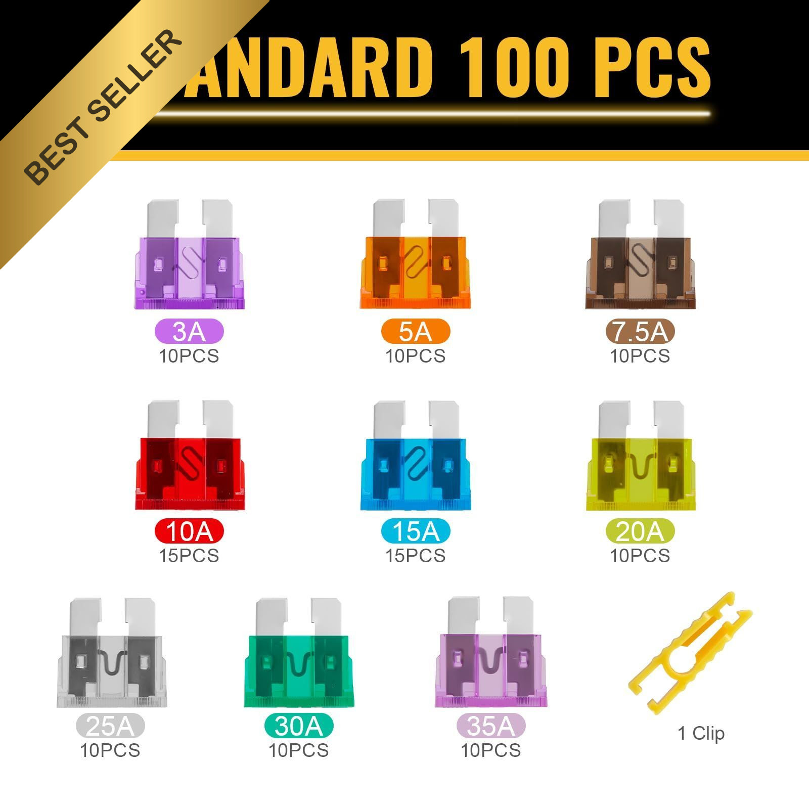 100Pcs Standard Automotive Blade Fuse Assortment Kit for Car Truck Boat Marine