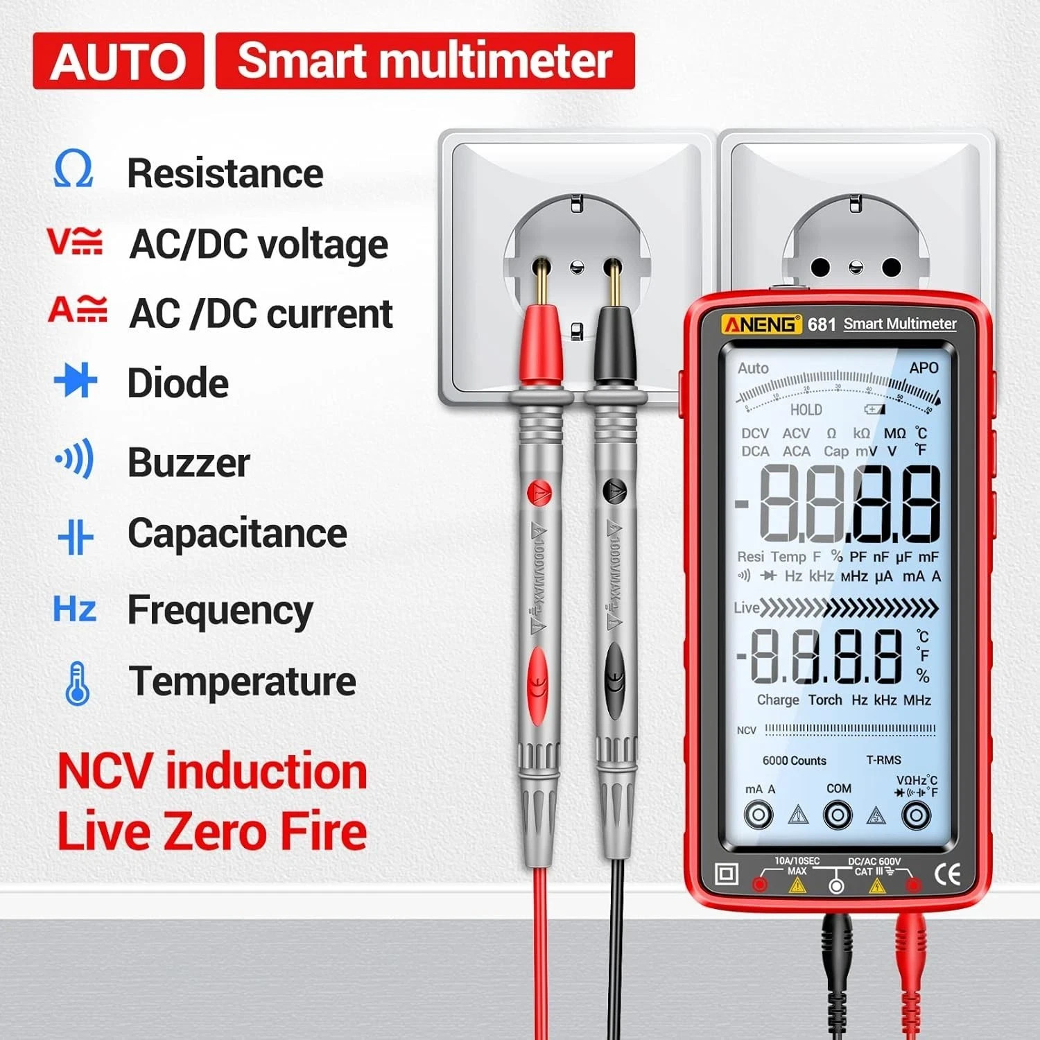 Digital Multimeter Tester Auto-Ranging TRMS 6000 Counts Voltmeter Smart Rech…