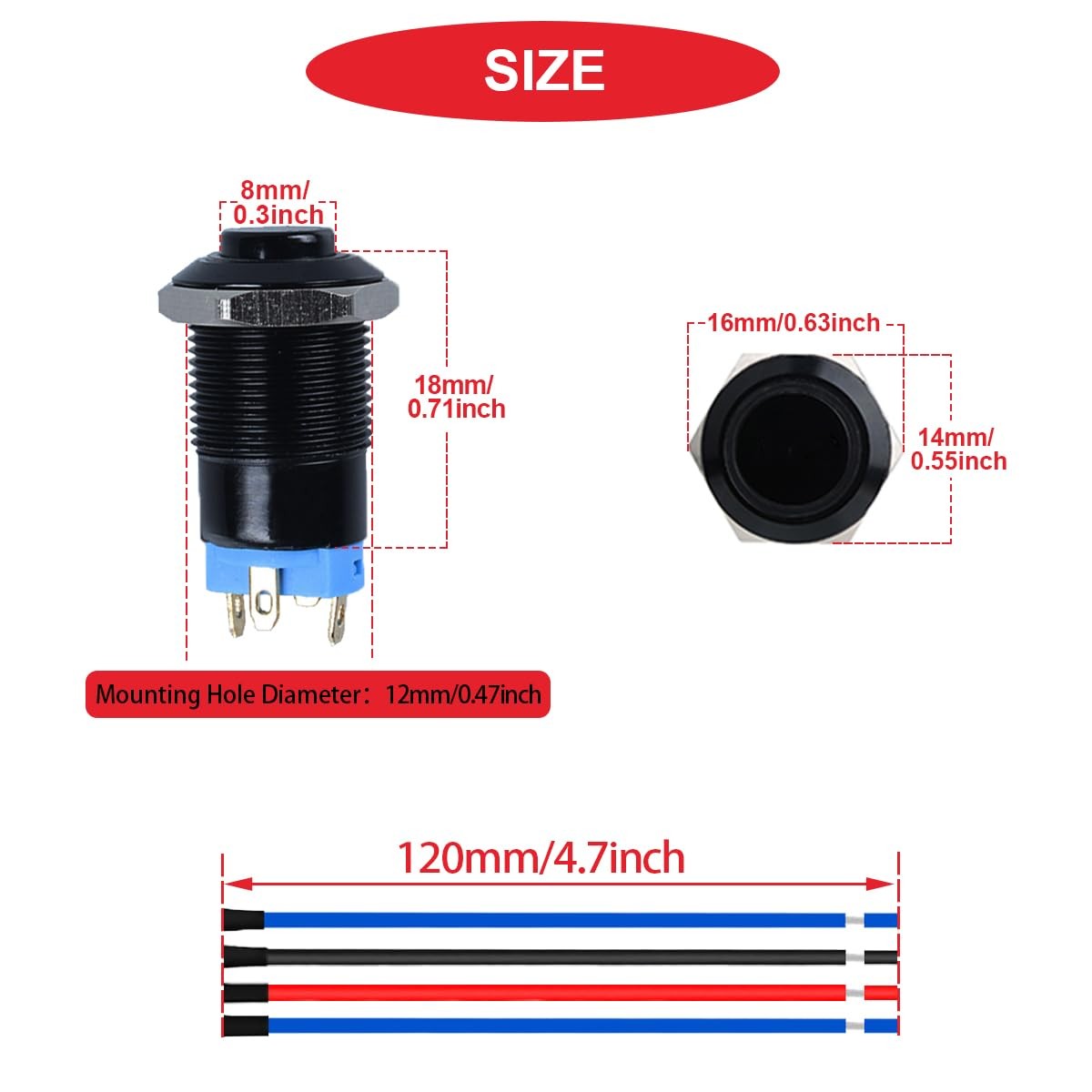 MKBKLLJY 6Pcs 12mm Latching led Push Button Switch Black Shell with pre-Wirin…