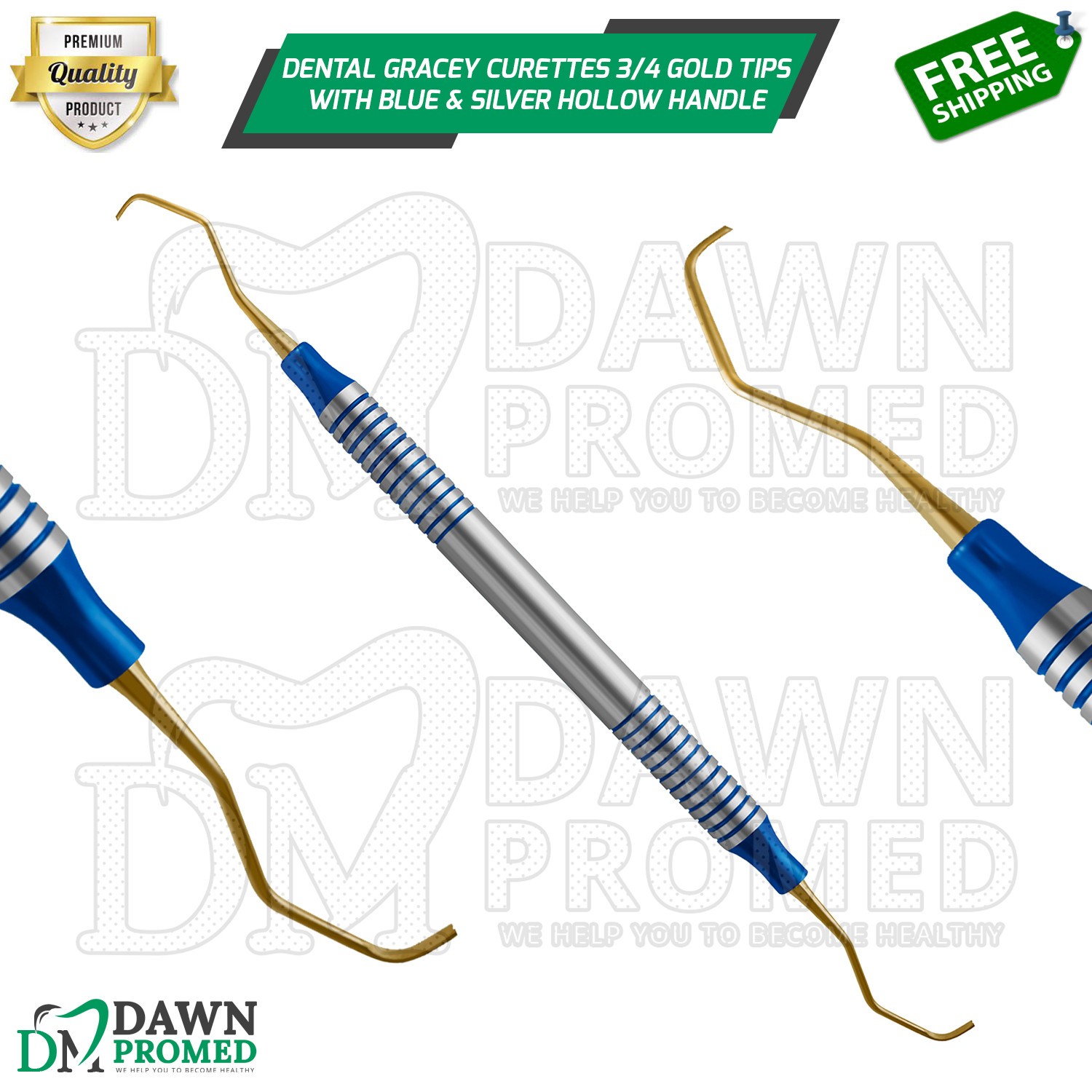 Dental Gracey Curettes 3/4 Gold Coated Tips Blue & Silver Hollow Handle German G