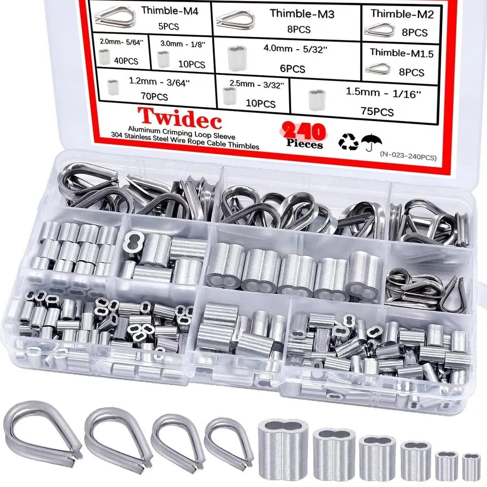 240PCS 304 Stainless Steel Wire Rope Cable Thimbles and Aluminum Crimping Loop S