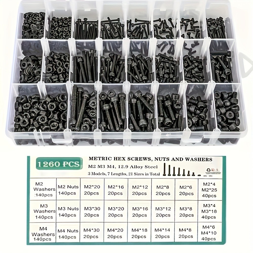 1260PCS Metric Bolt Nut Washer Set – 12.9 Steel for DIY & Repairs