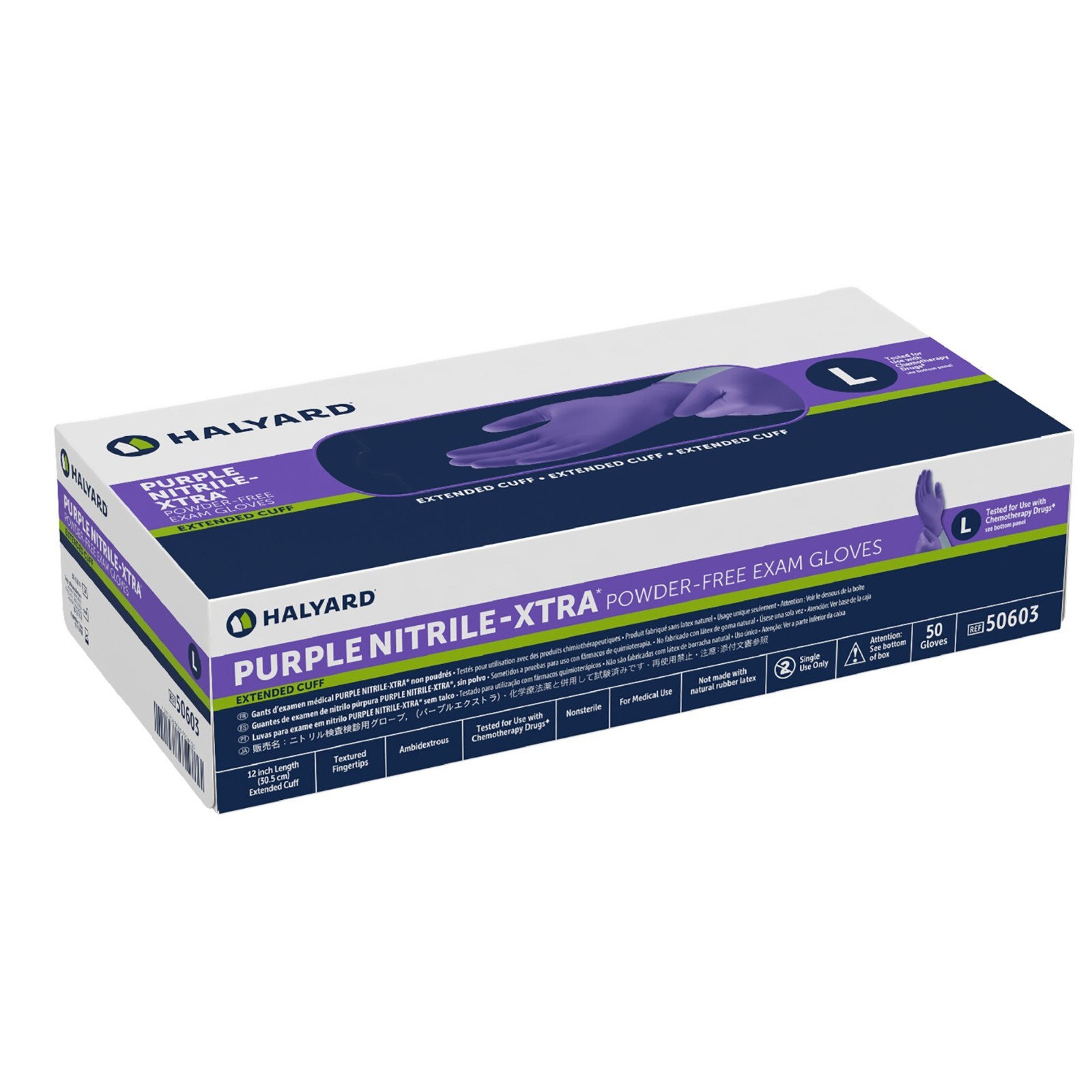 *50-Gloves* Halyard Purple Nitrile-XTRA PF Exam Extended Cuff 12″ Large 50603