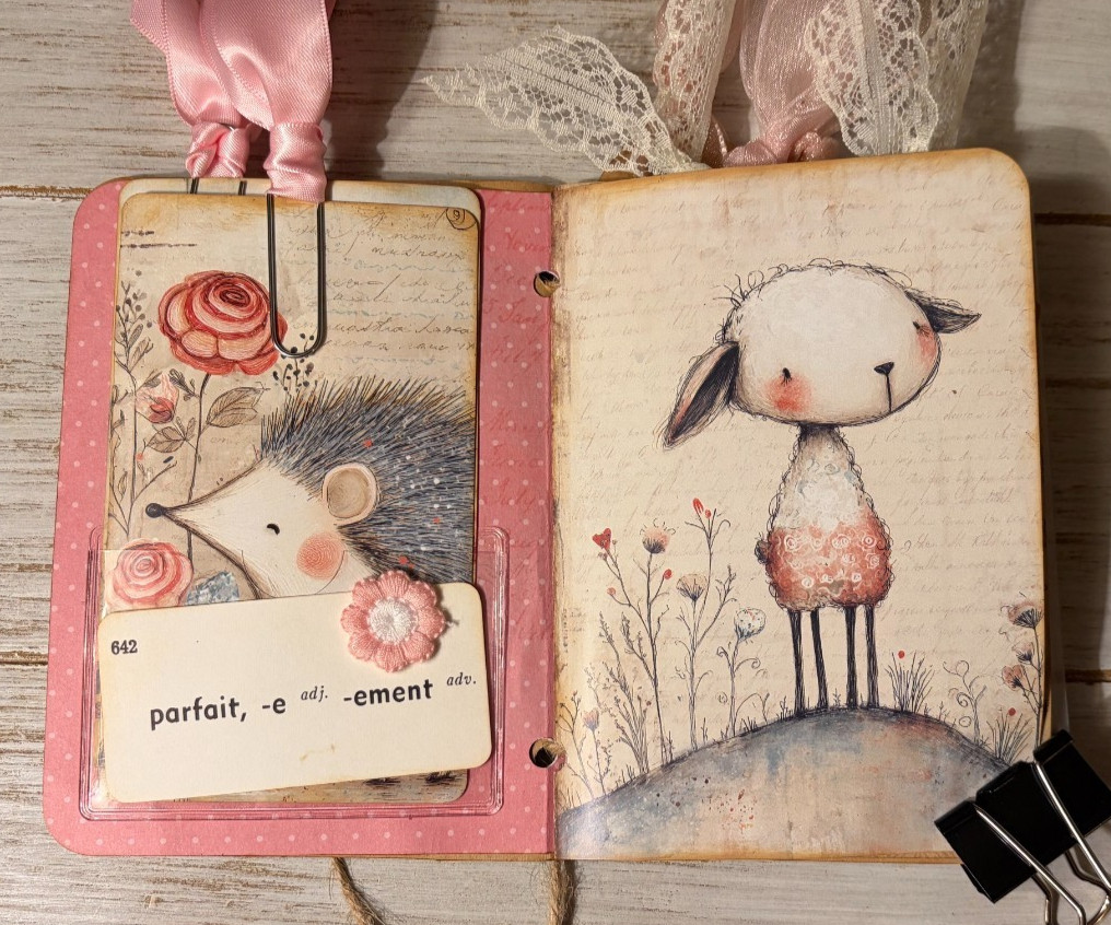 Junk Journal Handmade Booklet Book Vintage «Cute Animals» Pockets, Ephemera b
