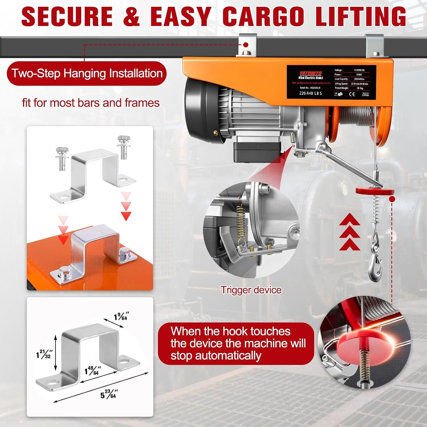 440Lbs Electric Hoist with Remote Control,510W Electric Winch with Zinc-Plate…