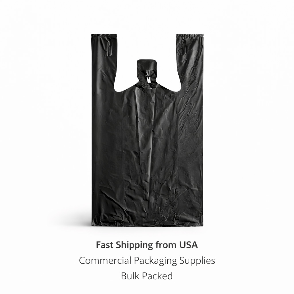 Medium Duty Black Plastic T-Shirt Bags 10x5x18 0.63 Mil Grocery Carryout Bags