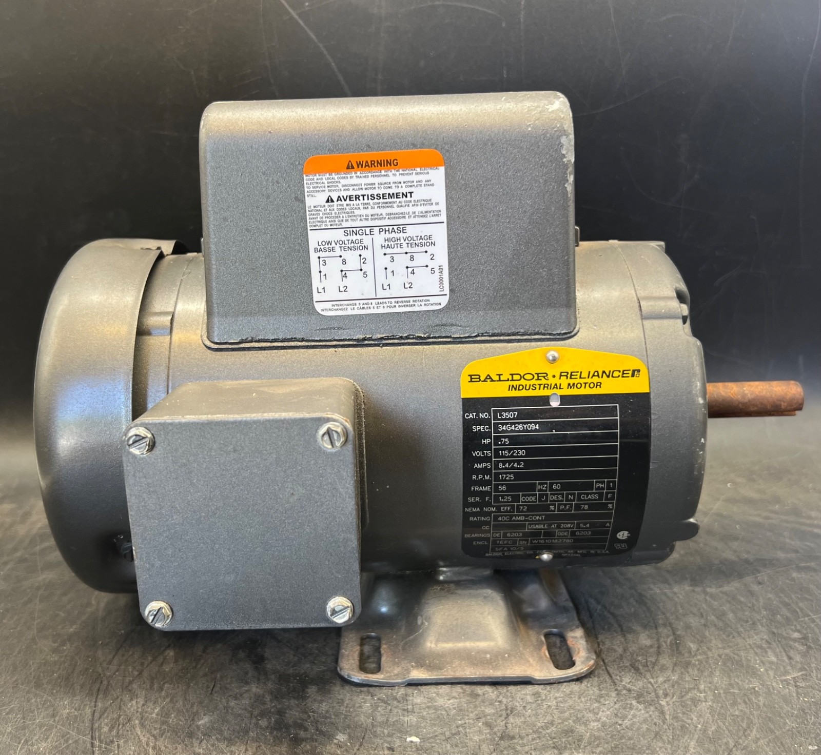 Baldor Reliance Industrial Electric Motor L3507 .75 HP 1725 RPM 34G426Y094