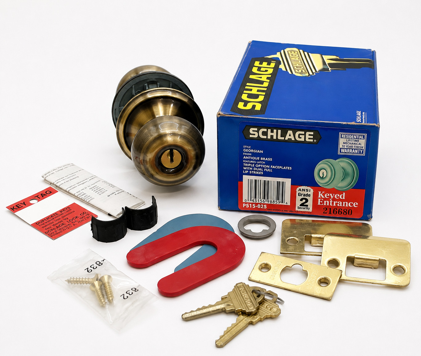 Schlage Georgian Antique Brass Keyed Entry Door Knob – P515-025 – 216680