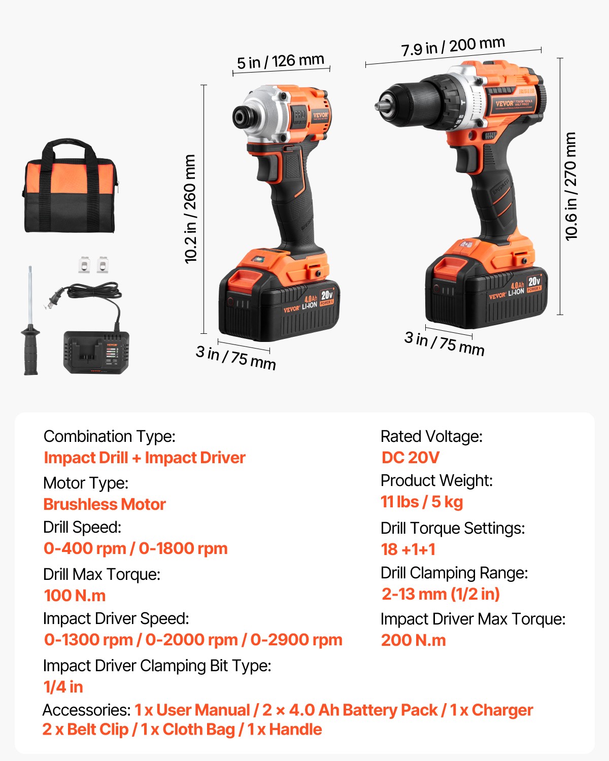 VEVOR Tool Combo Kit Max 20V Cordless 2-Tool Power Combo Kit with 4A Batteries