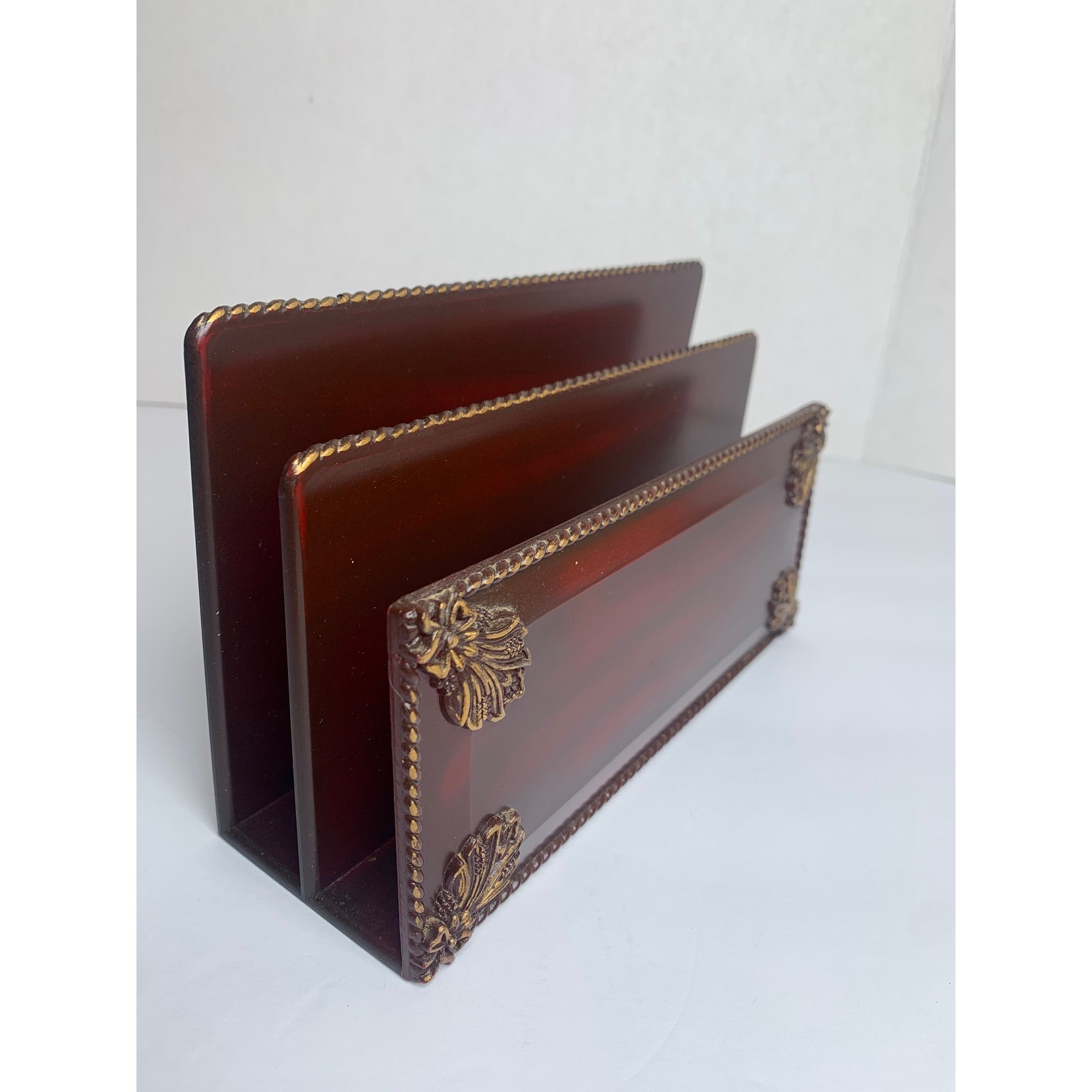 Vintage Mahogany Style Letter Organizer Gold Acanthus Leaf Desk Mail Sorter 8in