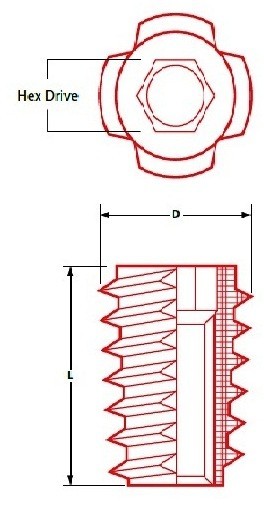 E-Z-LOK 8-32 Die Cast Zinc Alloy Hex-Drive Threaded Insert for Wood 25 Pieces
