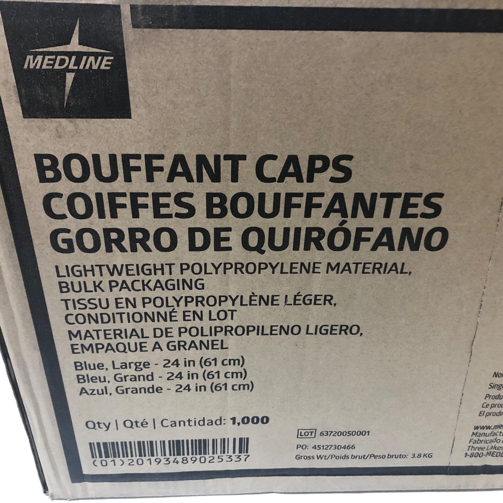 1000 Case – Medline 24″ Blue Bouffant Cap Non Woven Disposable Hairnet CRI1404A
