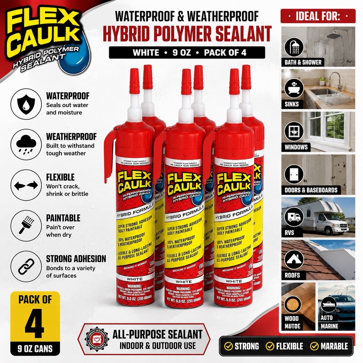 Flex Caulk Hybrid Polymer Sealant White 9 oz, Waterproof – Pack of 4