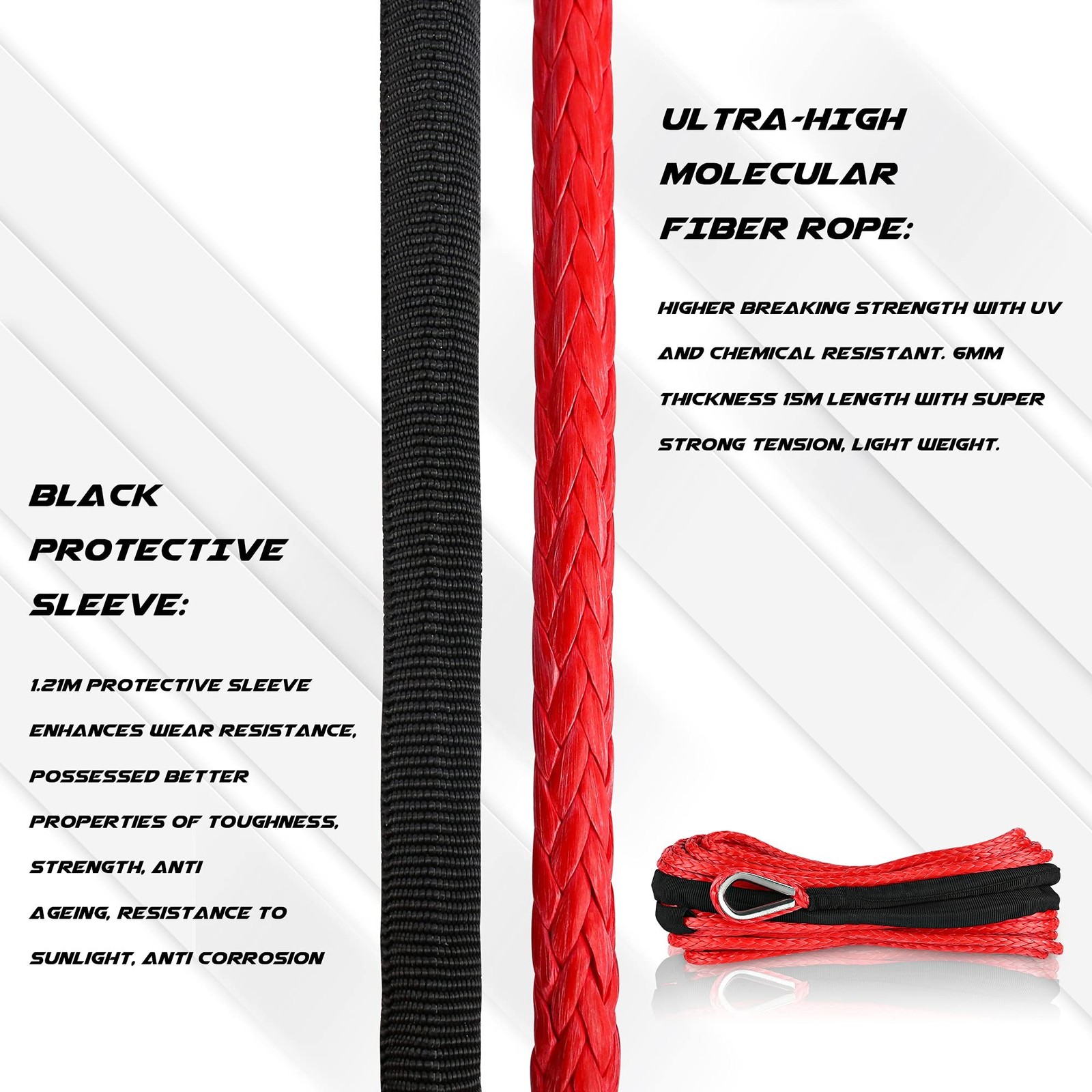 XPV SK75 1/4″ x 50‘ Dyneema Synthetic Winch Rope Cable with Black Protecti