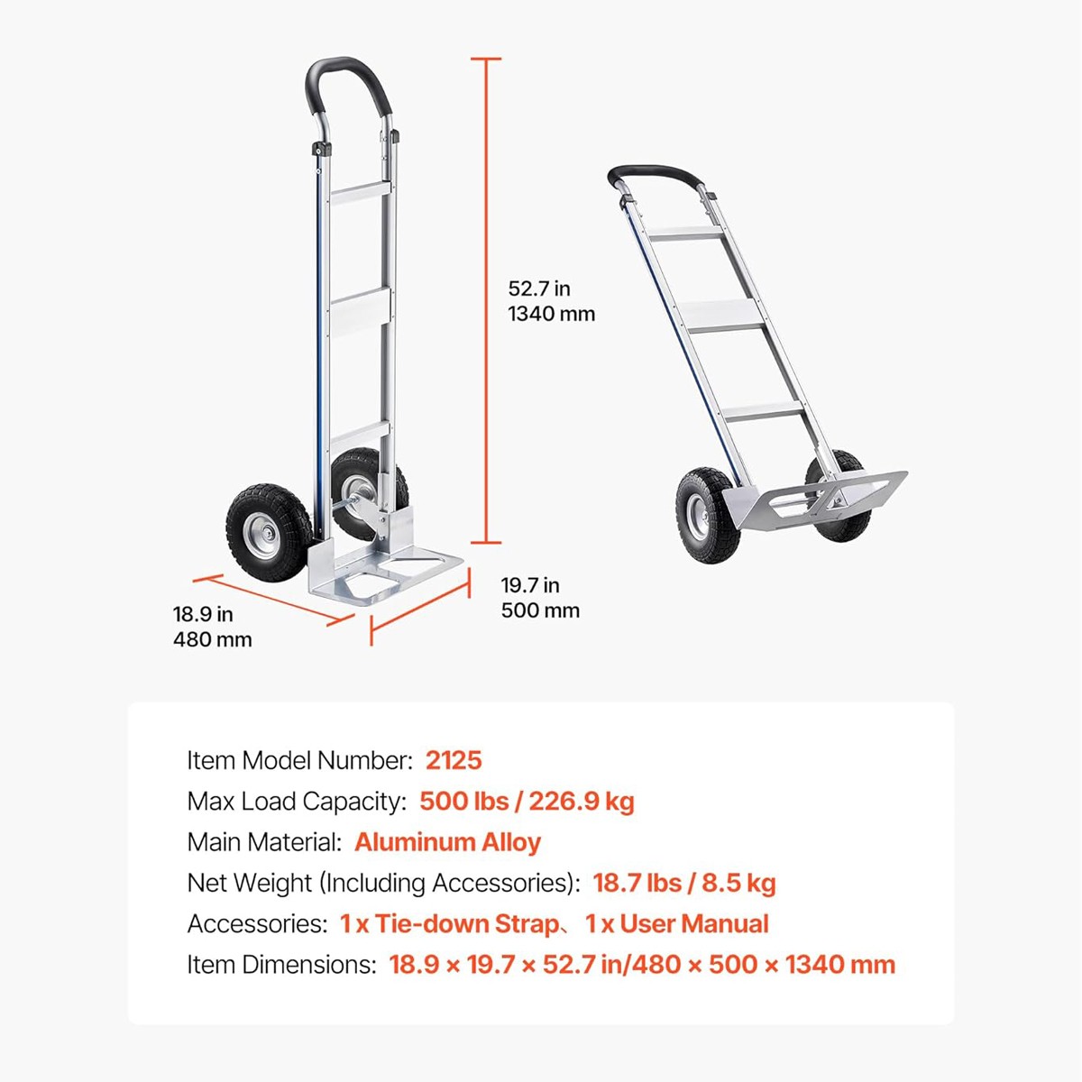 Strong Aluminum Hand Truck with Non-Slip Handle, 500 LBS Moving Dolly Tool
